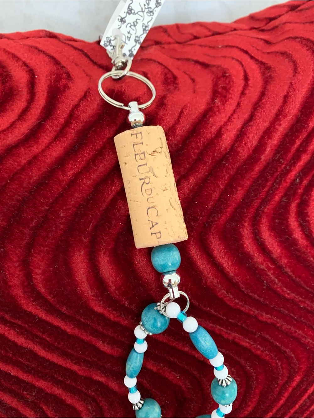 PatBen Decor , NWT, Handmade Fleur du Cap Turquoise Beaded Cork Keychain
